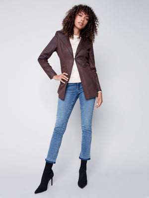 Charlie B Fall 2023-C6270-869A-Suede Long Jacket-Chocolate - The Coach Pyramids