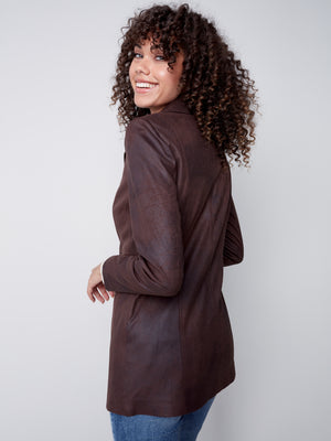 Charlie B Fall 2023-C6270-869A-Suede Long Jacket-Chocolate - The Coach Pyramids