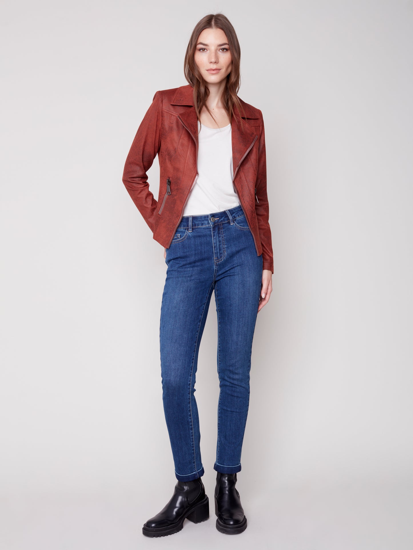 Charlie B Fall 2023-C6282-869A-Faux Leather Jacket- Cinnamon - The Coach Pyramids