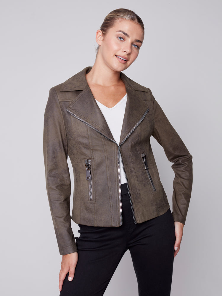Charlie B Fall 2023-C6282-869A-Faux Leather Jacket-Spruce - The Coach Pyramids