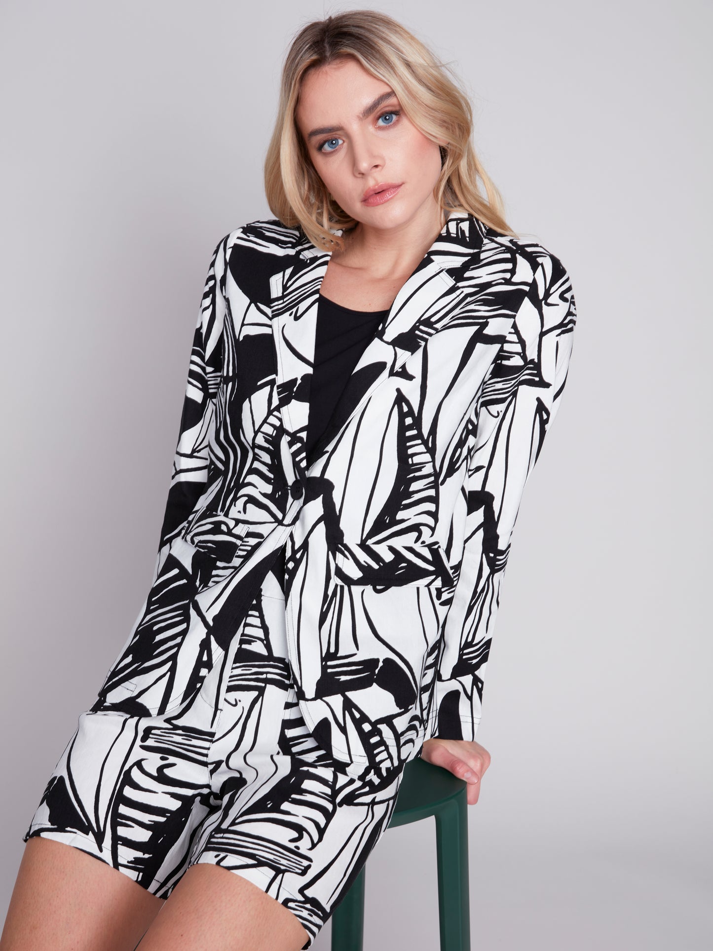 Charlie B Spring/Summer 2024-C6301P-771B-Printed Linen Blazer-Breeze - The Coach Pyramids