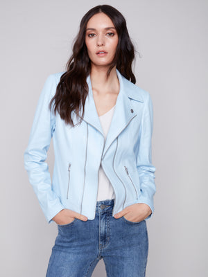 Charlie B Spring/Summer 2024-C6306-704B-Faux Leather Jacket-Sky - The Coach Pyramids