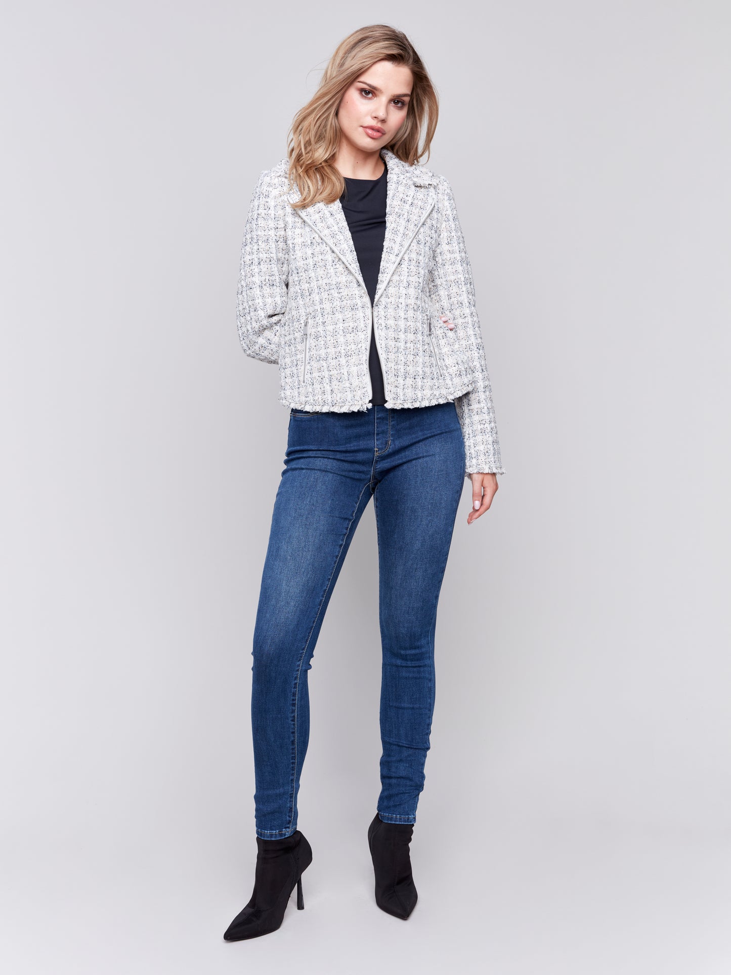Charlie B Fall 2024-C6315-P011-Tweed Perfecto Jacket-White - The Coach Pyramids