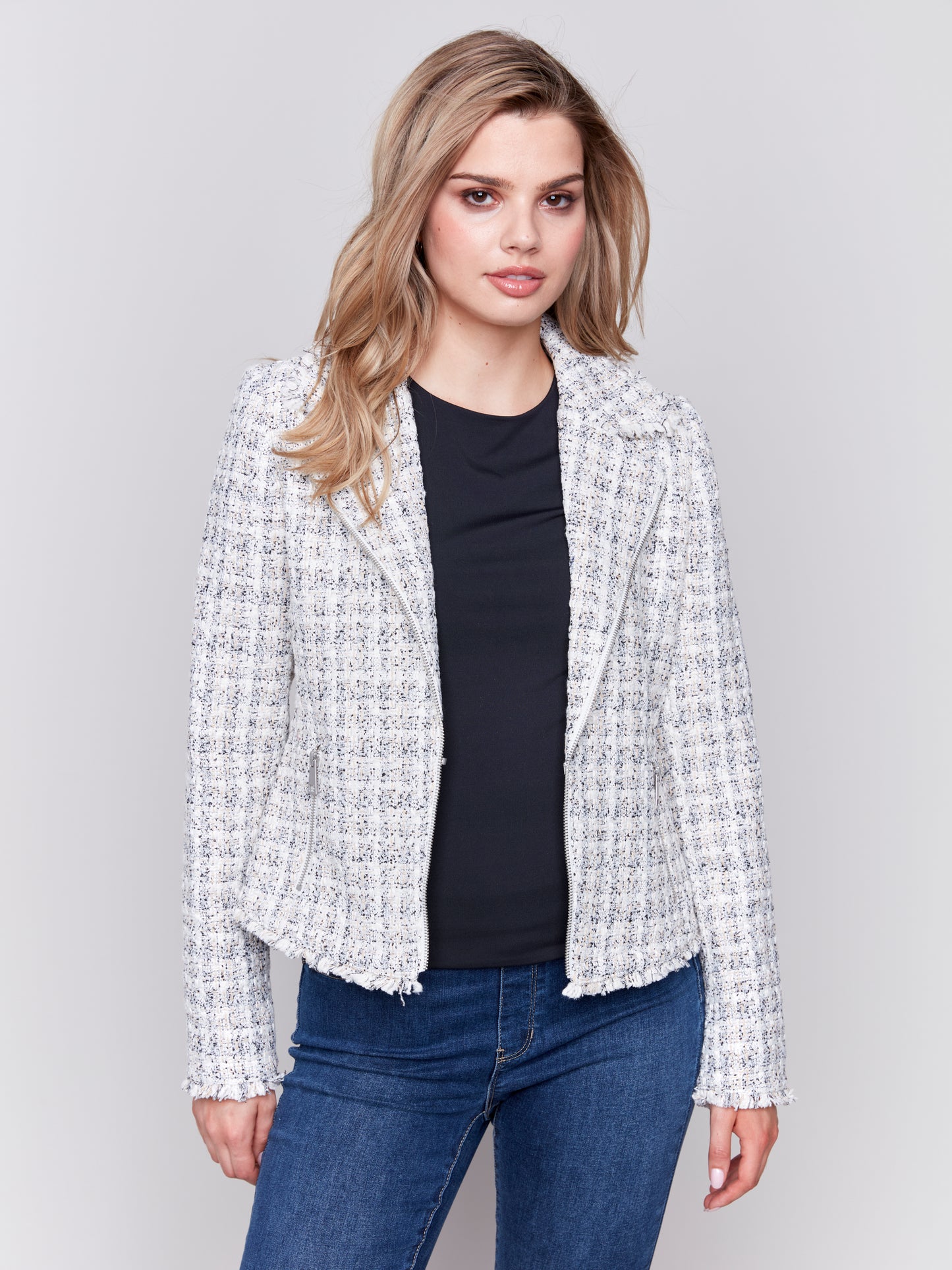 Charlie B Fall 2024-C6315-P011-Tweed Perfecto Jacket-White - The Coach Pyramids