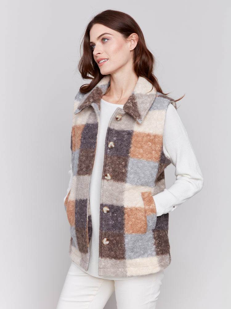 Charlie B Fall 2024-C6319-9664-Plaid Boucle Vest-Terracotta