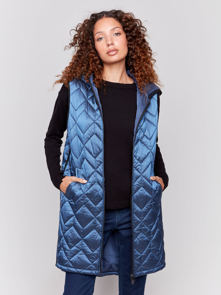 Charlie B Fall 2024-C6323-124-Long Quilted Puffer Vest-Glacier