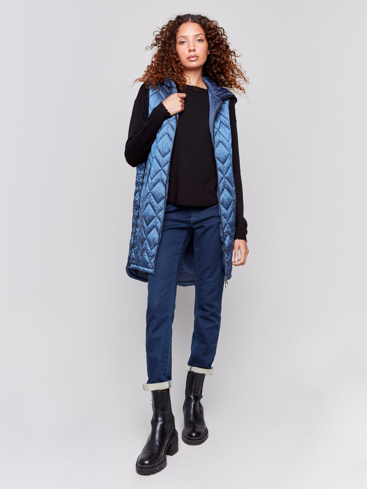 Charlie B Fall 2024-C6323-124-Long Quilted Puffer Vest-Glacier