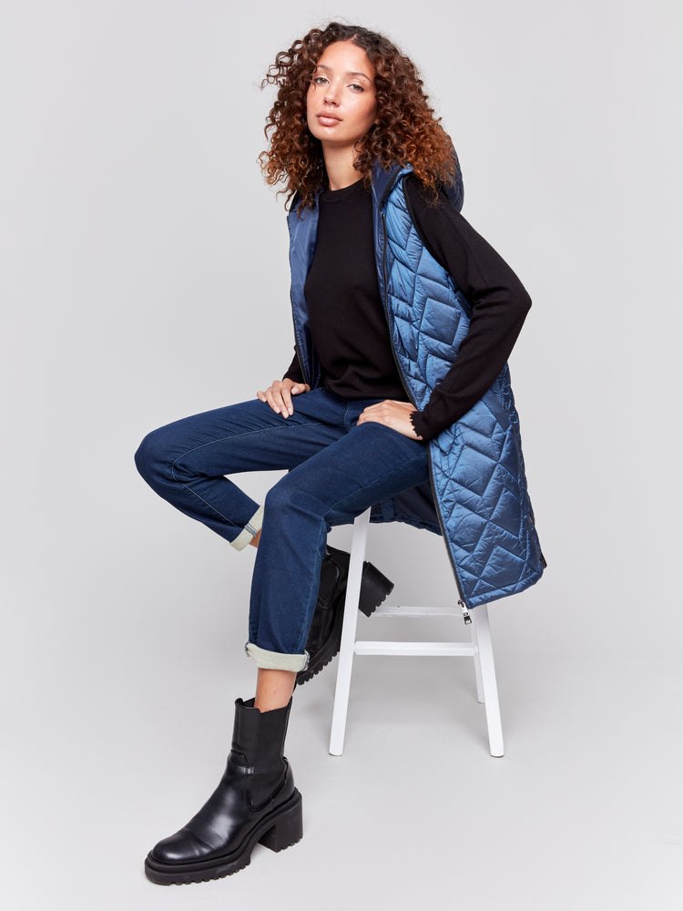 Charlie B Fall 2024-C6323-124-Long Quilted Puffer Vest-Glacier