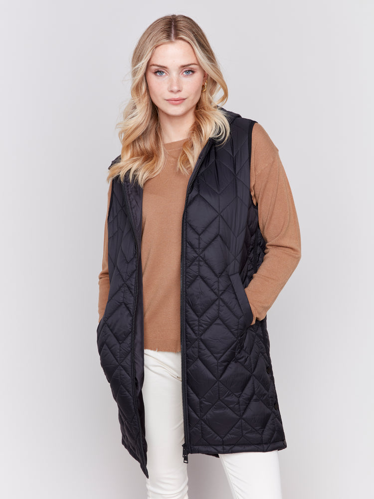 Charlie B Fall 2024-C6323-001-Long Quilted Puffer Vest-Black