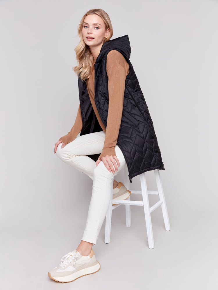 Charlie B Fall 2024-C6323-001-Long Quilted Puffer Vest-Black