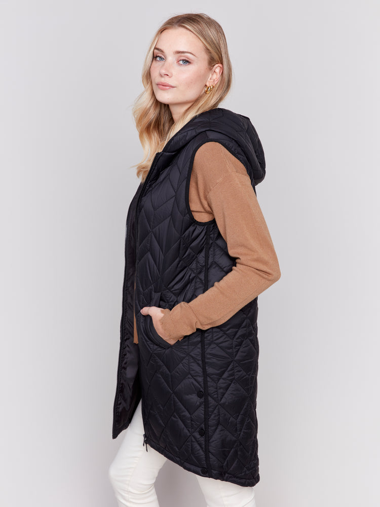 Charlie B Fall 2024-C6323-001-Long Quilted Puffer Vest-Black