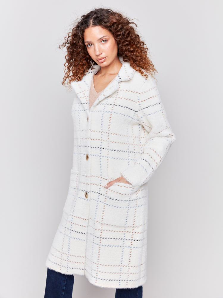 Charlie B Fall 2024-C6326-P276-Plaid Knit Coatigan-Ecru