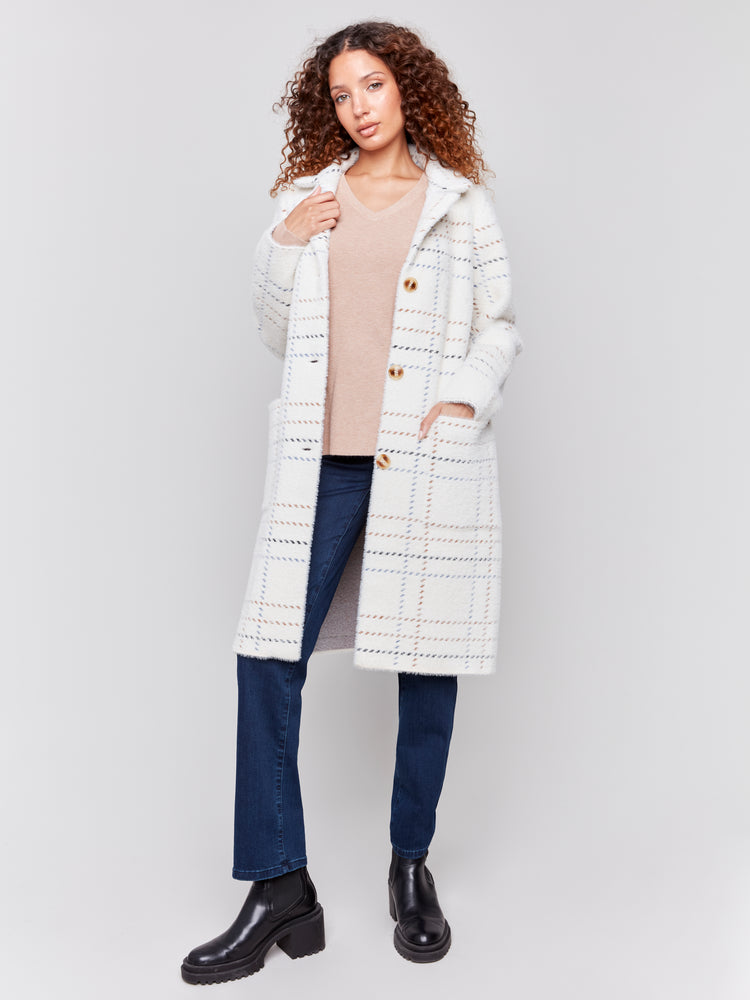 Charlie B Fall 2024-C6326-P276-Plaid Knit Coatigan-Ecru