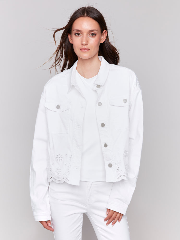 Charlie B Spring/Summer 2025-C6362-002-Eyelet Scallop Jacket-White