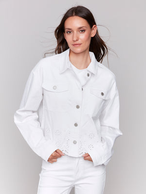 Charlie B Spring/Summer 2025-C6362-002-Eyelet Scallop Jacket-White