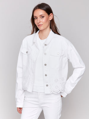 Charlie B Spring/Summer 2025-C6362-002-Eyelet Scallop Jacket-White