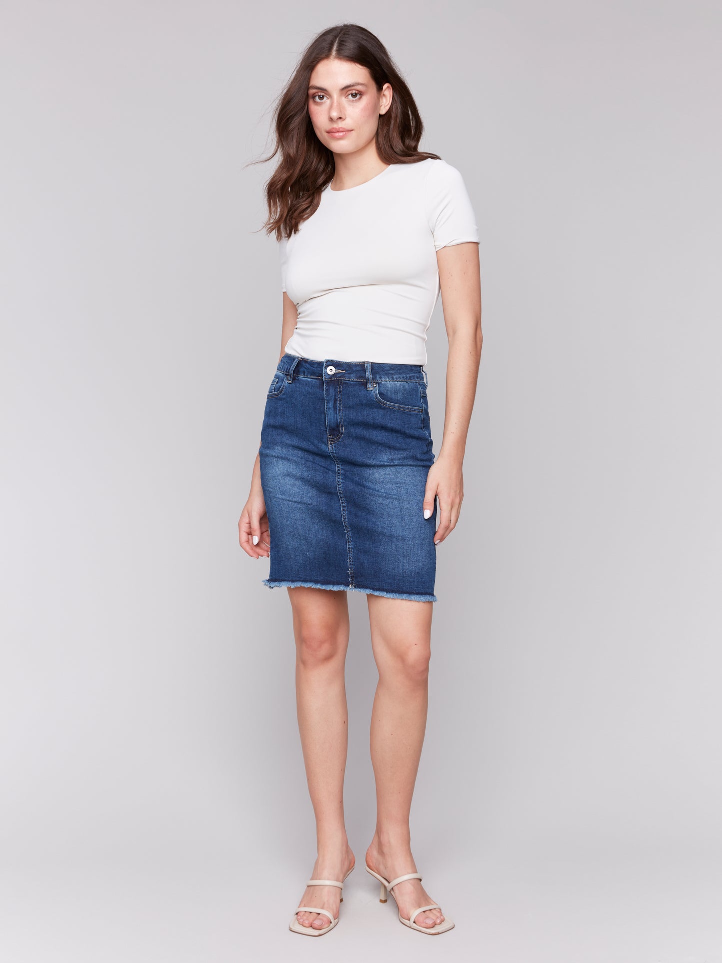 Charlie B Spring/Summer 2025-C7042T-007-Stretch Denim Skort W/Frayed Hem-Indigo - The Coach Pyramids
