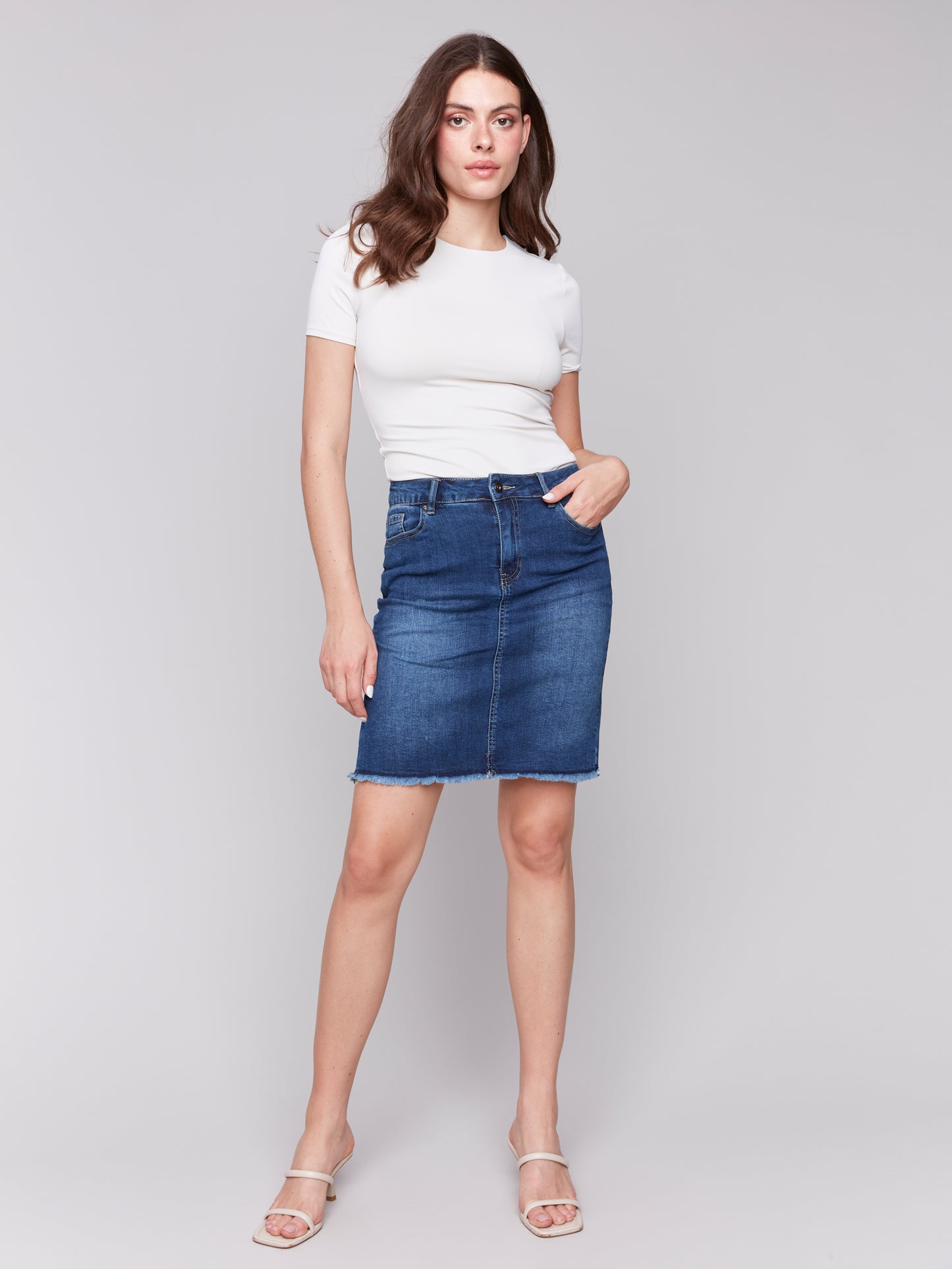 Charlie B Spring/Summer 2025-C7042T-007-Stretch Denim Skort W/Frayed Hem-Indigo - The Coach Pyramids