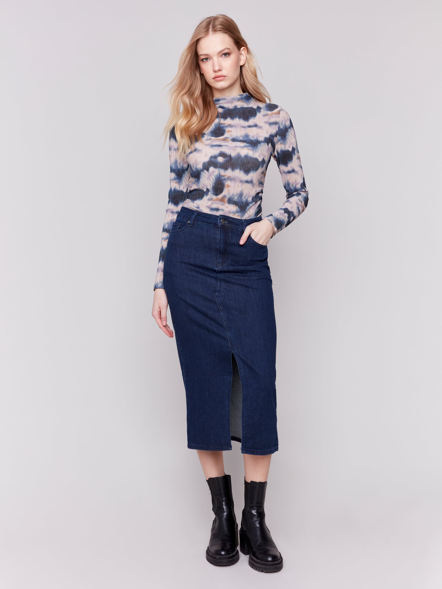 Charlie B Fall 2024-C7073-283-Long Denim Skirt-Blue Black - The Coach Pyramids