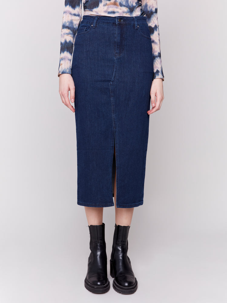 Charlie B Fall 2024-C7073-283-Long Denim Skirt-Blue Black