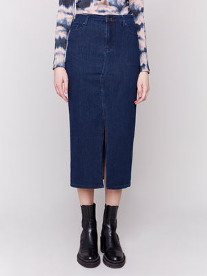 Charlie B Fall 2024-C7073-283-Long Denim Skirt-Blue Black