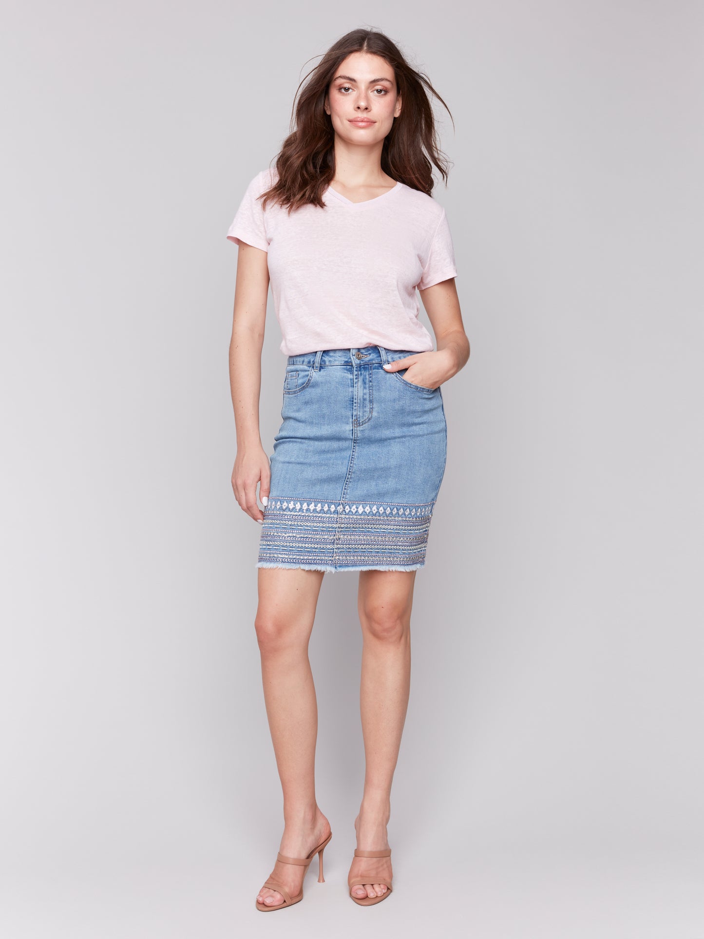 Charlie B Spring/Summer 2025-C7082-140-Embroidery Cuff Skirt-LT Blue - The Coach Pyramids