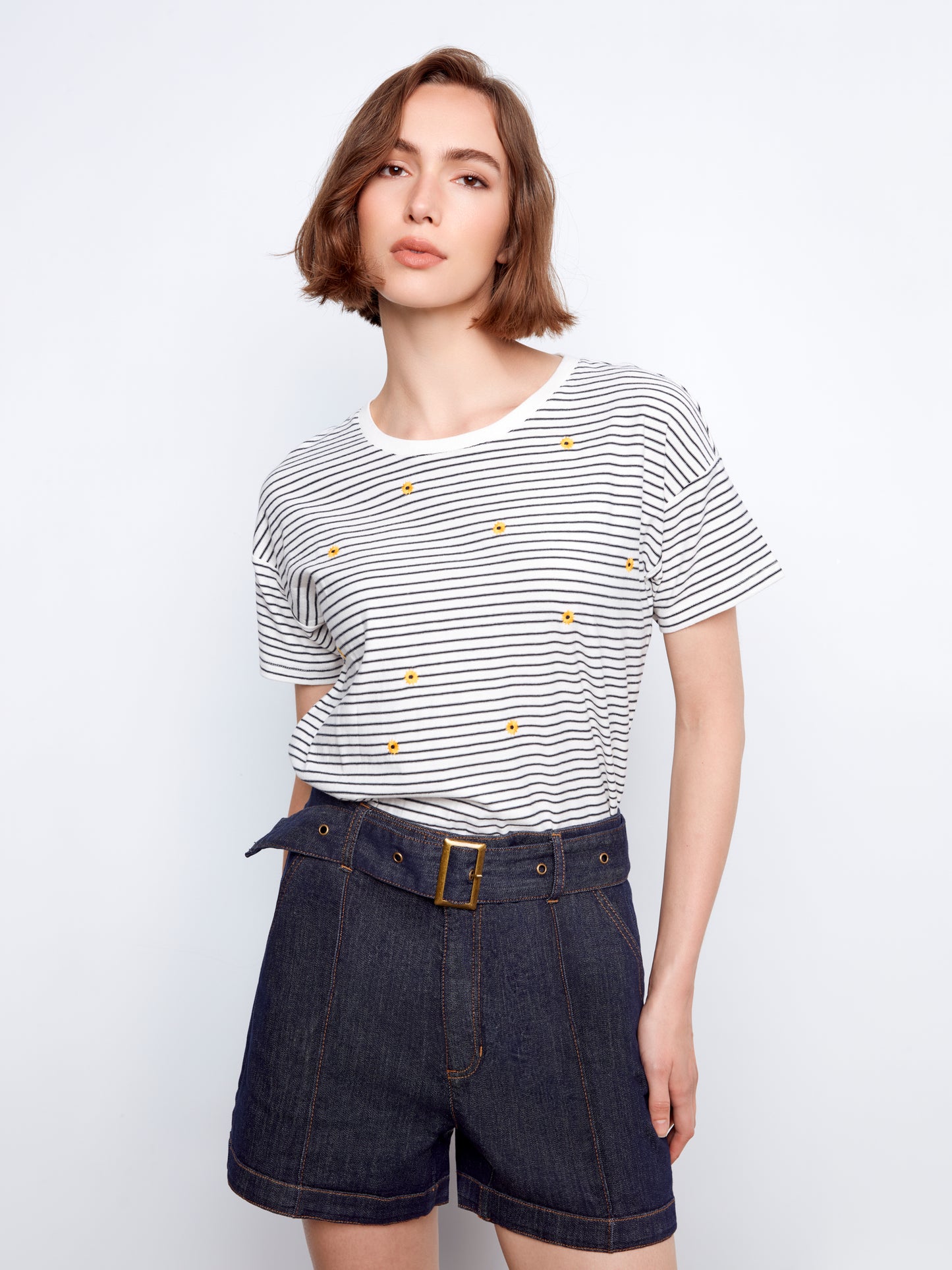 Charlie B-C1387PK-P117-S/S Crew Neck T Shirt W/Embroidery-Navy - The Coach Pyramids