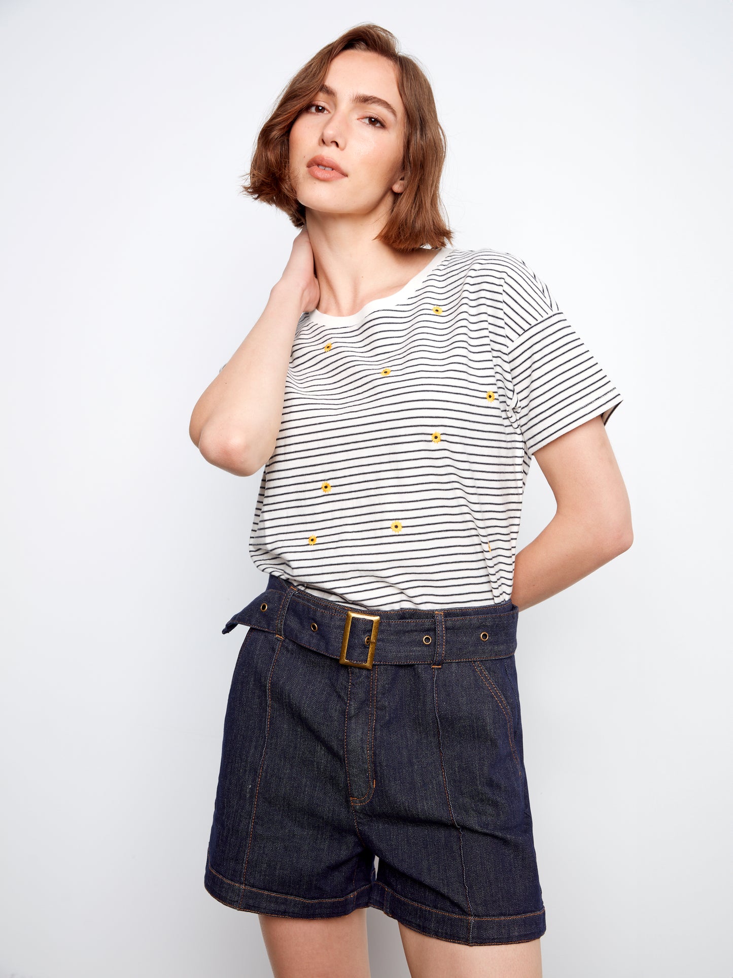 Charlie B-C1387PK-P117-S/S Crew Neck T Shirt W/Embroidery-Navy - The Coach Pyramids