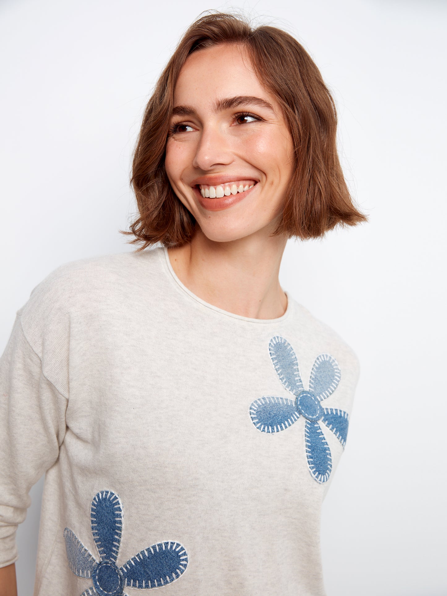 Charlie B-C2975-P371-Crew Neck Sweater W/Placed Denim Patches-H-Oat - The Coach Pyramids