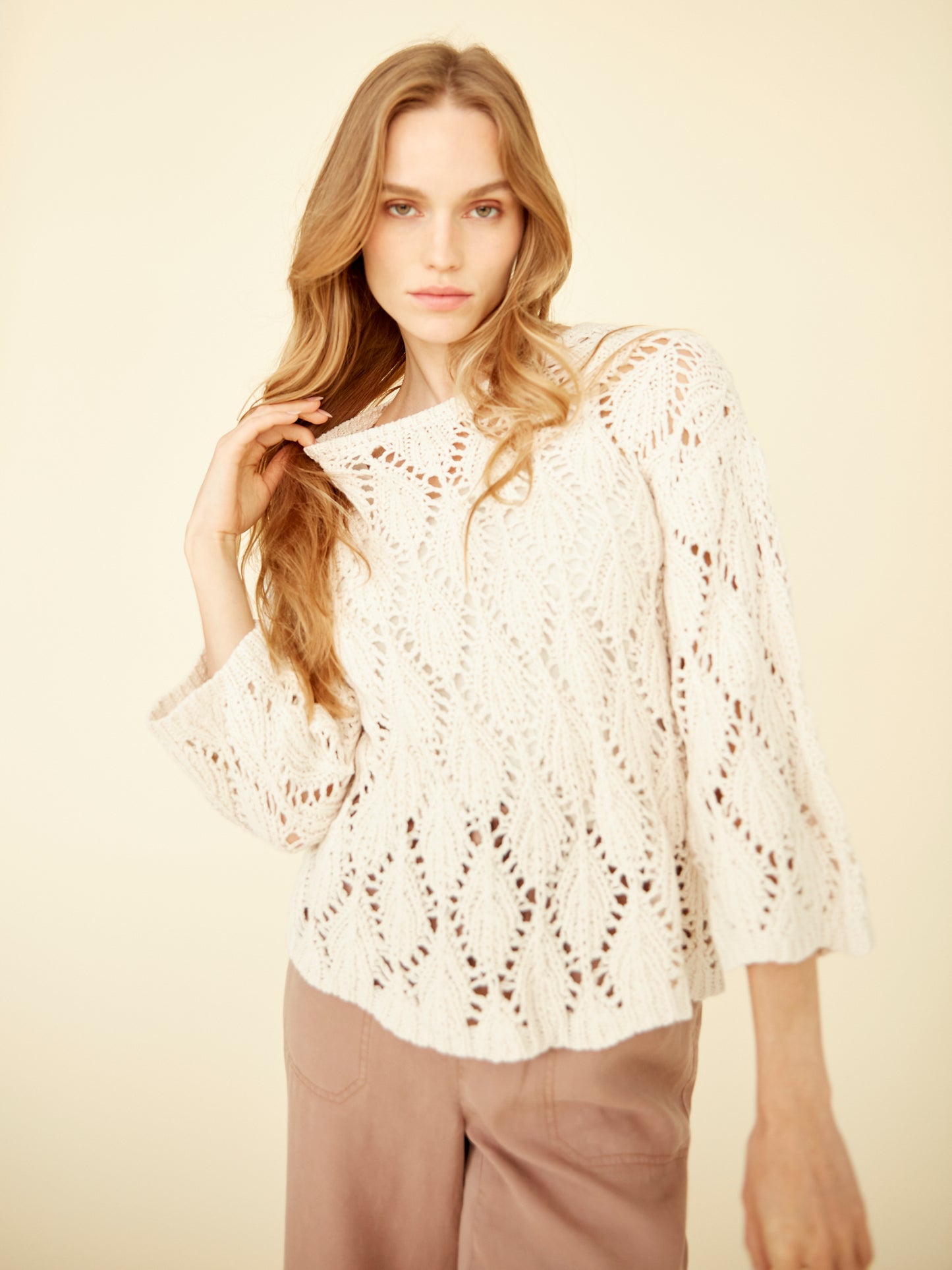 Charlie B-C2959-100-3/4 Sleeve Crochet Crew Neck Sweater-Natural - The Coach Pyramids