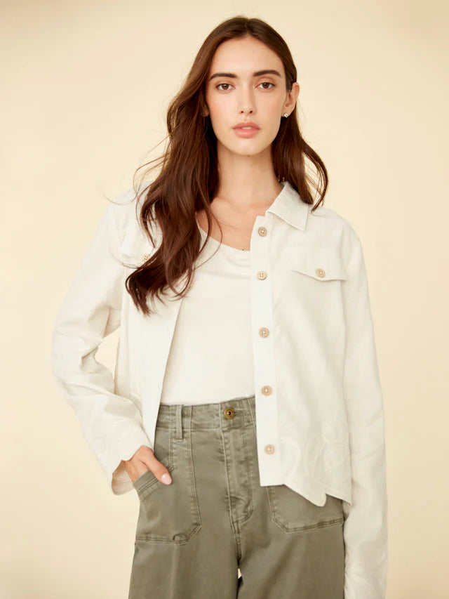 Charlie B-C6398-100-Linen Jacket W/Embroidered Hem-Natural - The Coach Pyramids