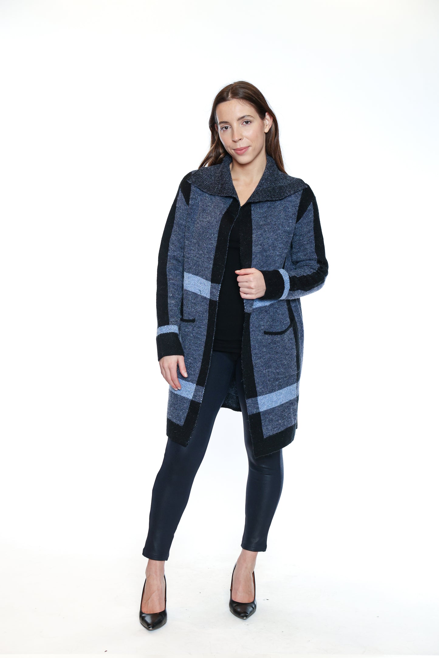 Papa Fashions Fall/Winter 2025-CR5812-Knitted Plaid Print Cardigan W/Pockets-Blue - The Coach Pyramids