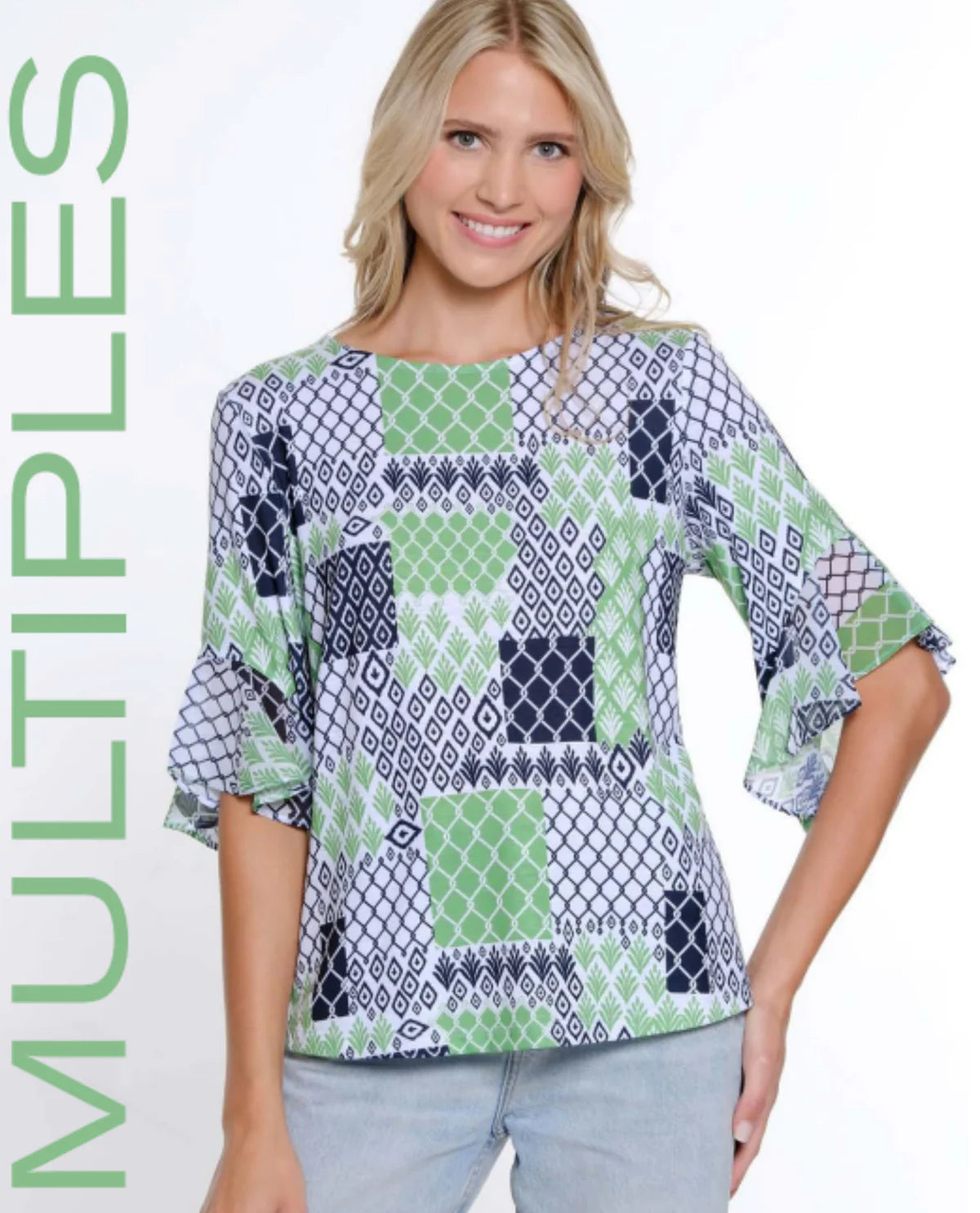 Habitat Multiples-Spring/Summer 2025-M15111TM-3/4 Flounce Sleeve Print Top-Geo/Multi - The Coach Pyramids