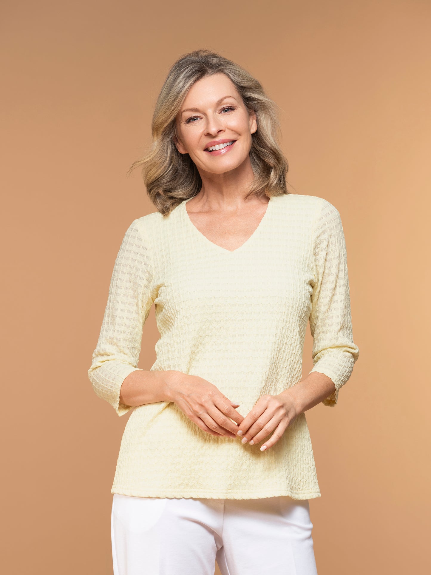 Lasania Sportswear Petite Fashions-Crinkle Top-1249P-Yellow - The Coach Pyramids