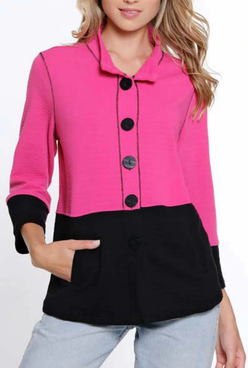 Multiples-Spring/Summer 2025-M15404JM-3/4 Sleeve 2 Pocket Stripe Jacket-Fuchsia - The Coach Pyramids