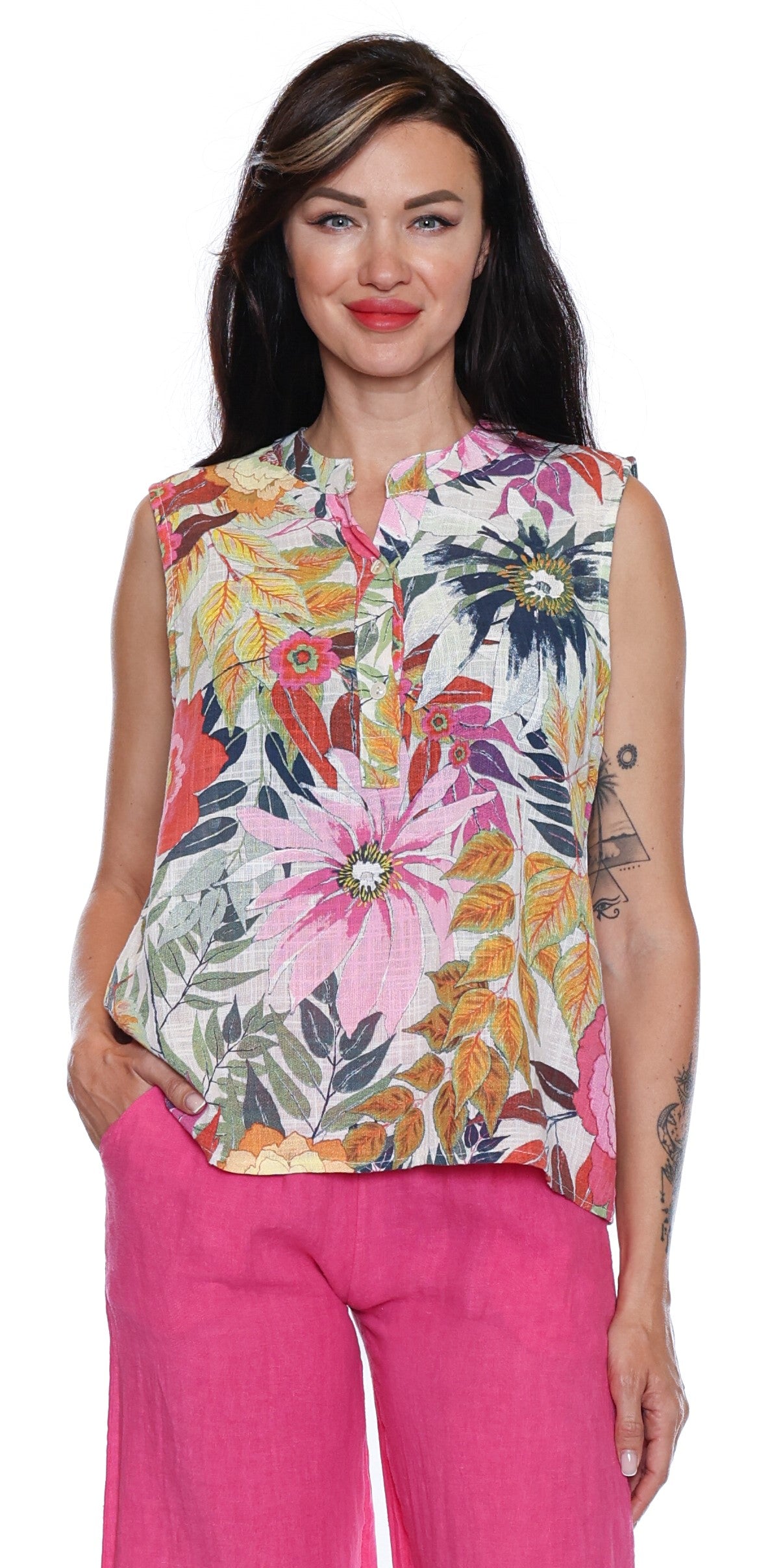 Sorella Floral Tank W/Button Detail-Multi L5362 - The Coach Pyramids