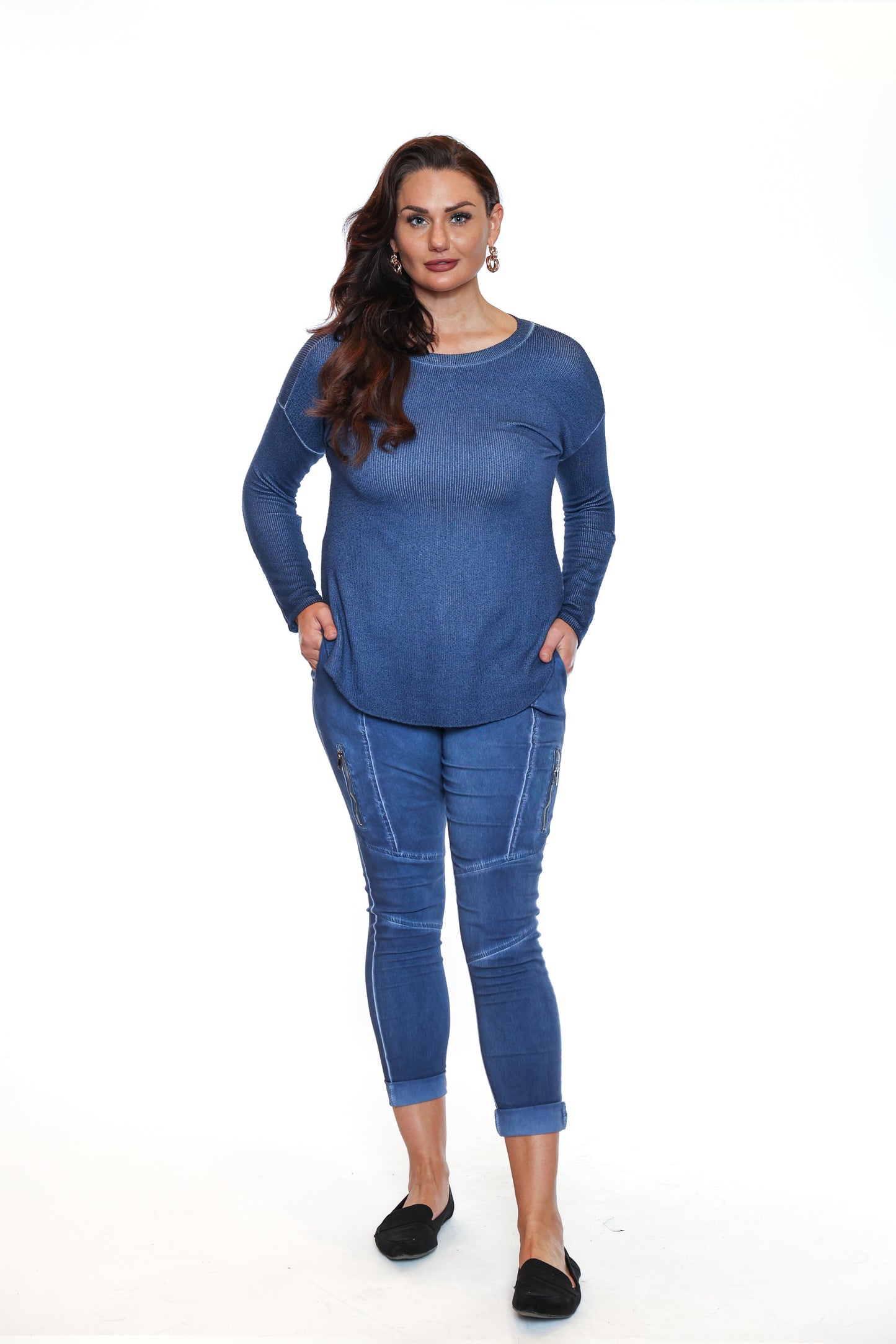 Sorella By Papa Fashions Fall/Winter 2025-L5520-Long Sleeve Top W/Rounded Hem-Blue Jeans - The Coach Pyramids