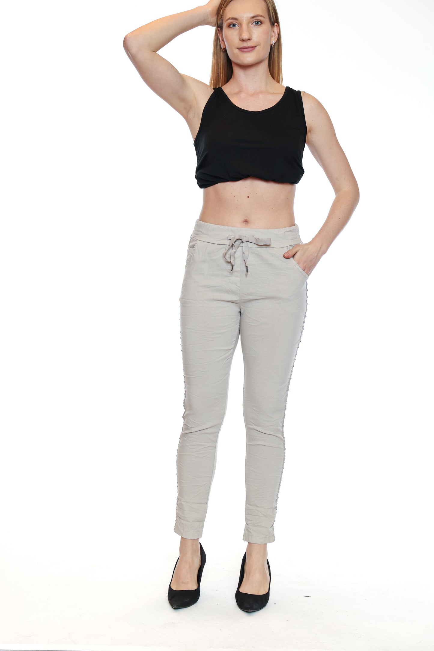 Sorella By Papa Fashions Fall/Winter 2025-L5542-Stretch Cotton Stonewash Pants W/Side Detail-Beige - The Coach Pyramids