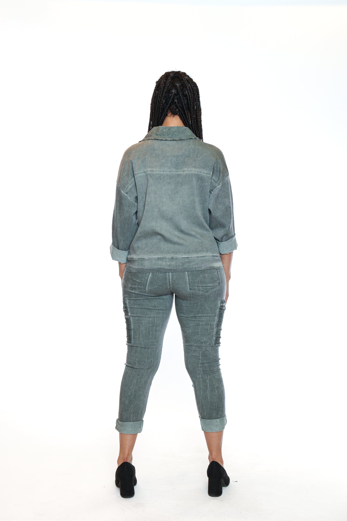 Sorella By Papa Fashions Fall/Winter 2025-L5543-Stretch Cotton Stonewash Blazer Frills-Sage - The Coach Pyramids