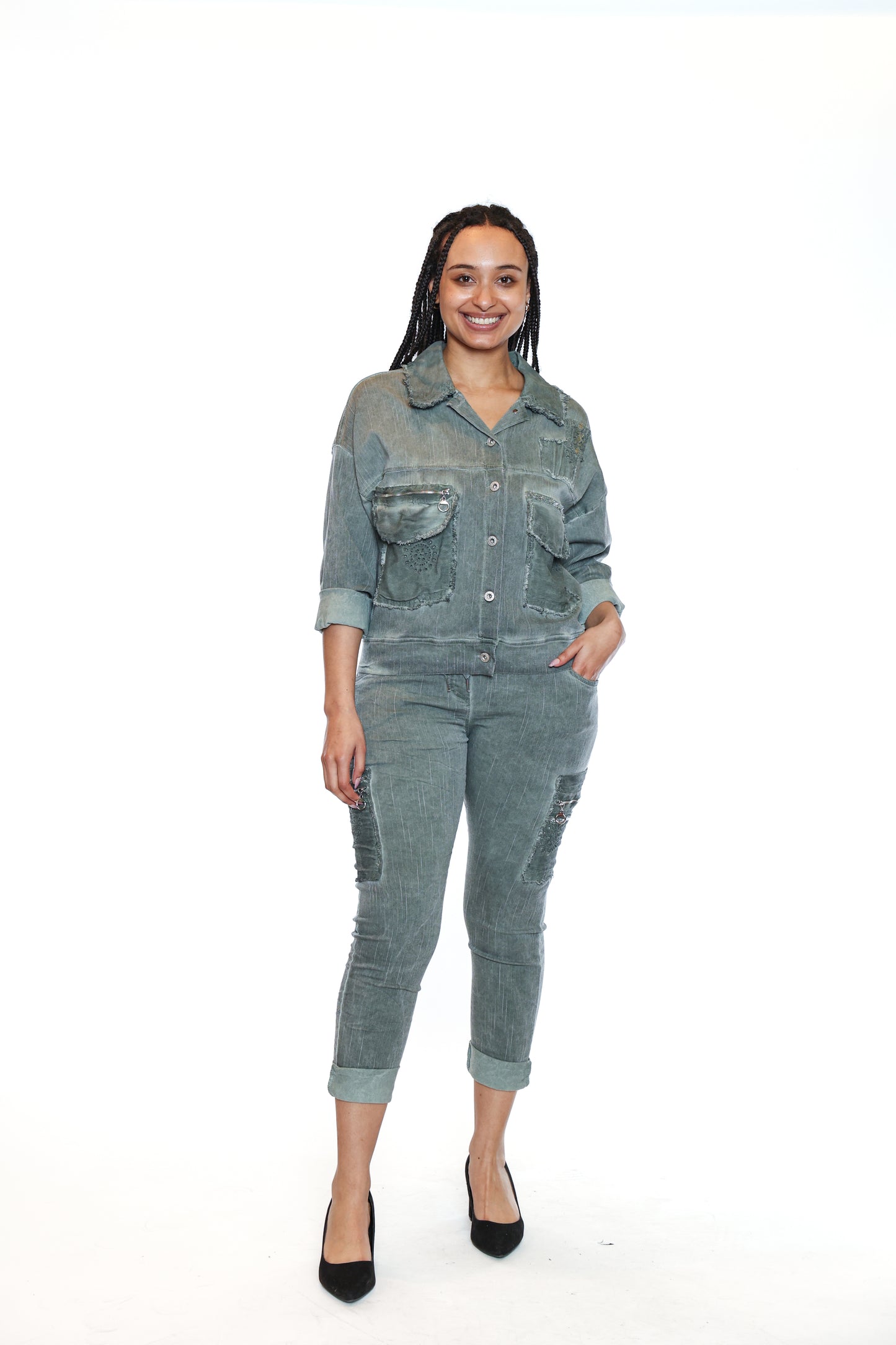 Sorella By Papa Fashions Fall/Winter 2025-L5543-Stretch Cotton Stonewash Blazer Frills-Sage - The Coach Pyramids