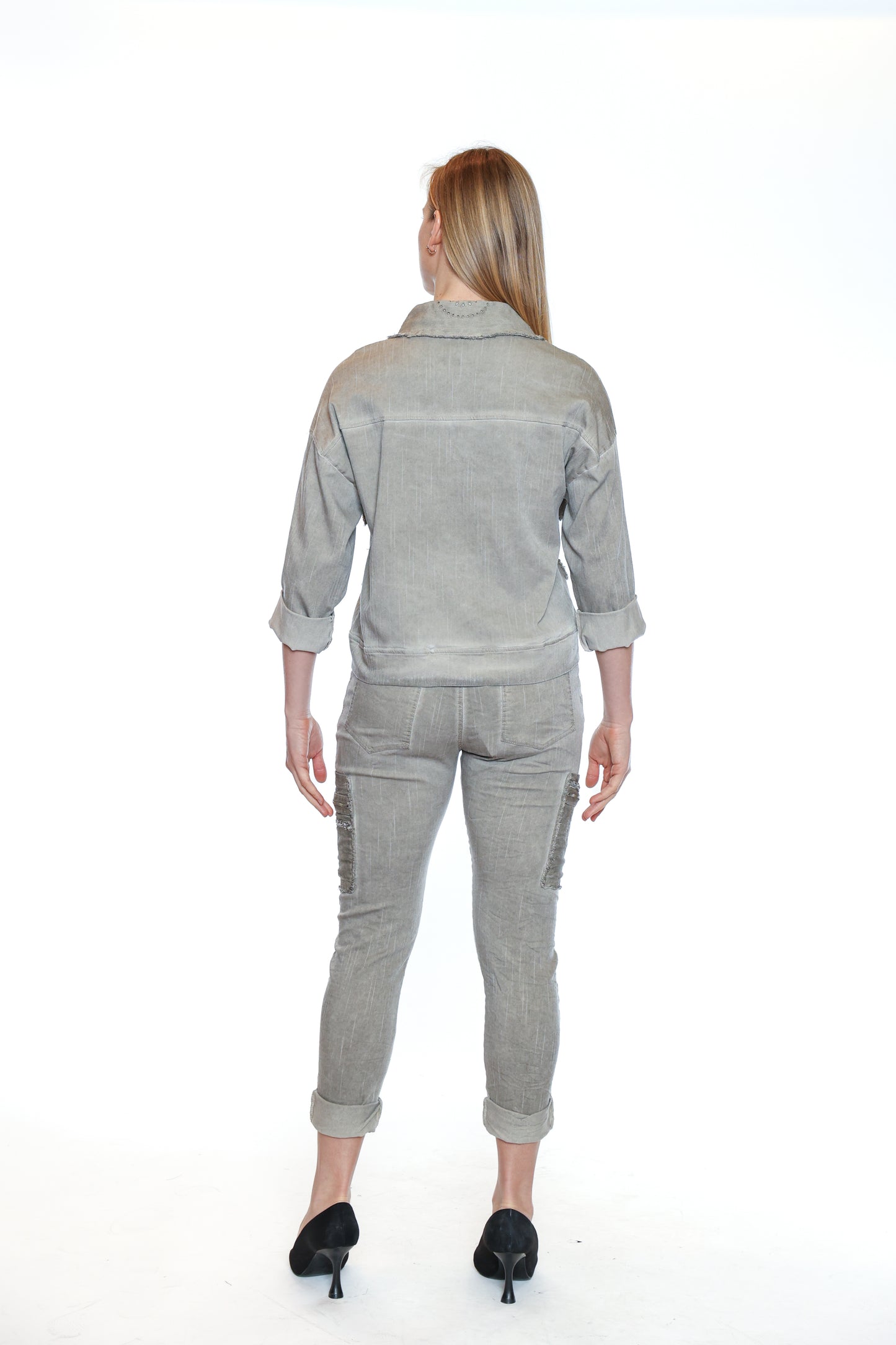 Sorella By Papa Fashions Fall/Winter 2025-L5543-Stretch Cotton Stonewash Blazer Frills-Taupe - The Coach Pyramids
