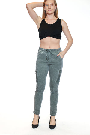 Sorella By Papa Fashions Fall/Winter 2025-L5544-Stretch Cotton Stonewash Pant W/Zip Eyelet Detail-Sage - The Coach Pyramids