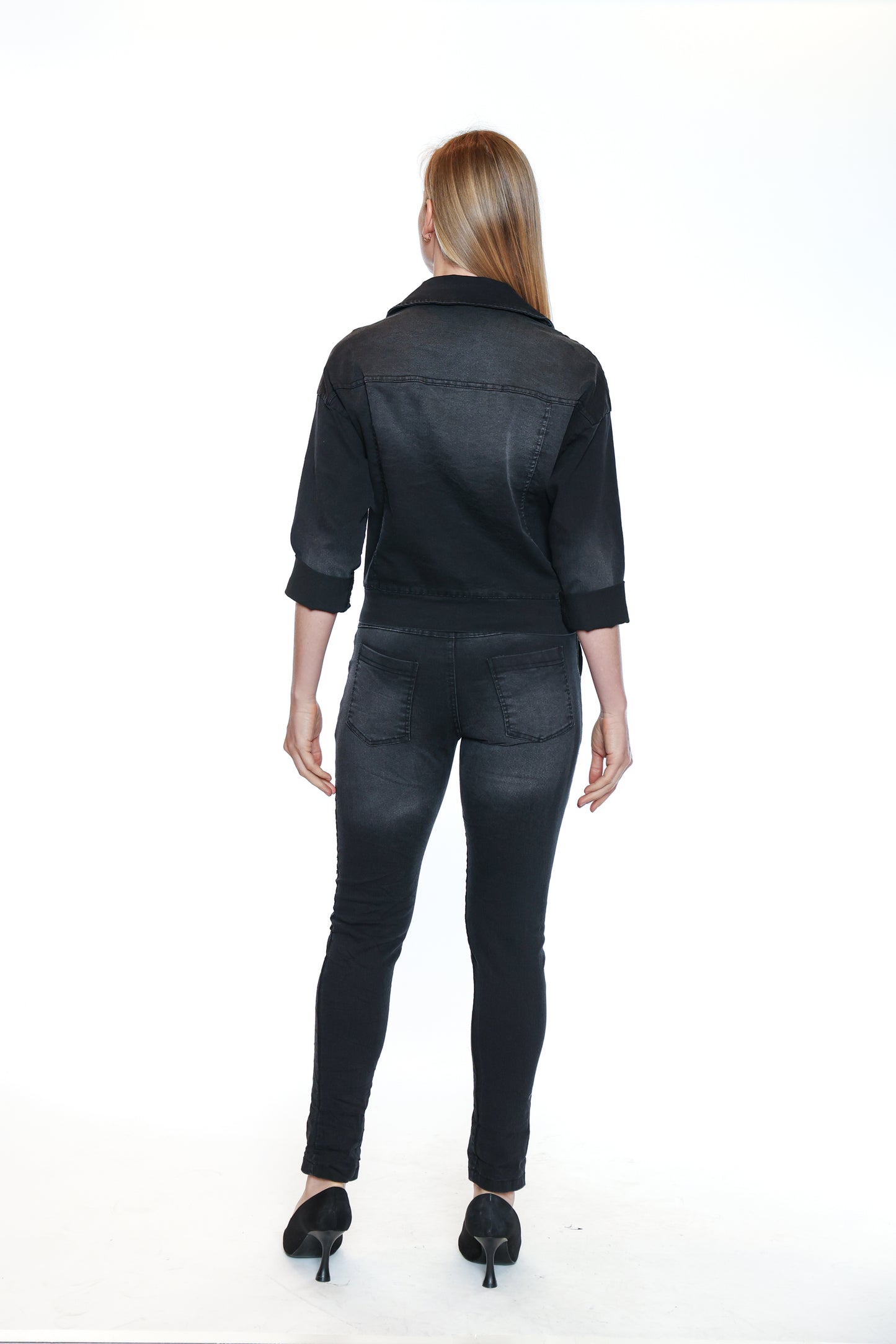 Sorella By Papa Fashions Fall/Winter 2025-L5548-Stretch Cotton Stonewash Zip Short Jacket-Black - The Coach Pyramids