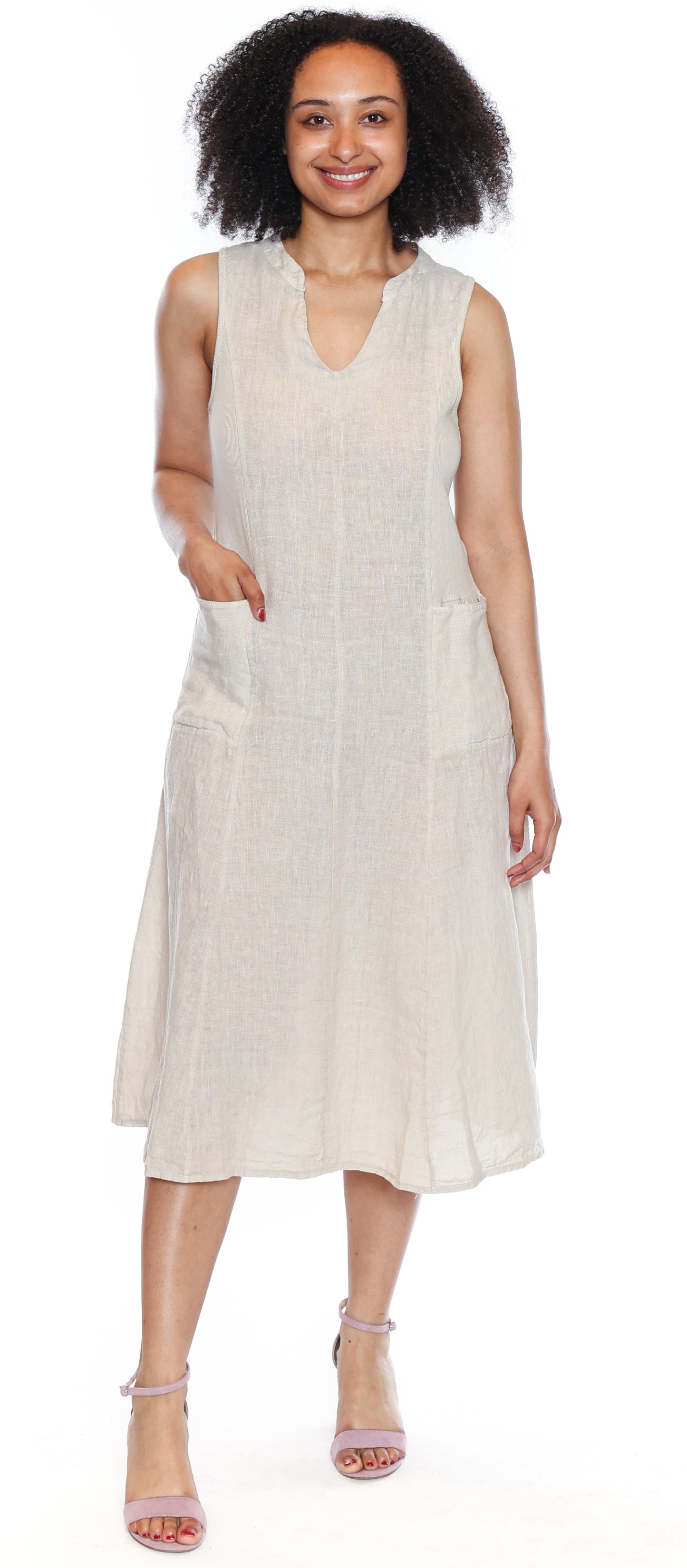 Sorella Linen Dress W/Ribbing & Pockets-Beige L5854 - The Coach Pyramids