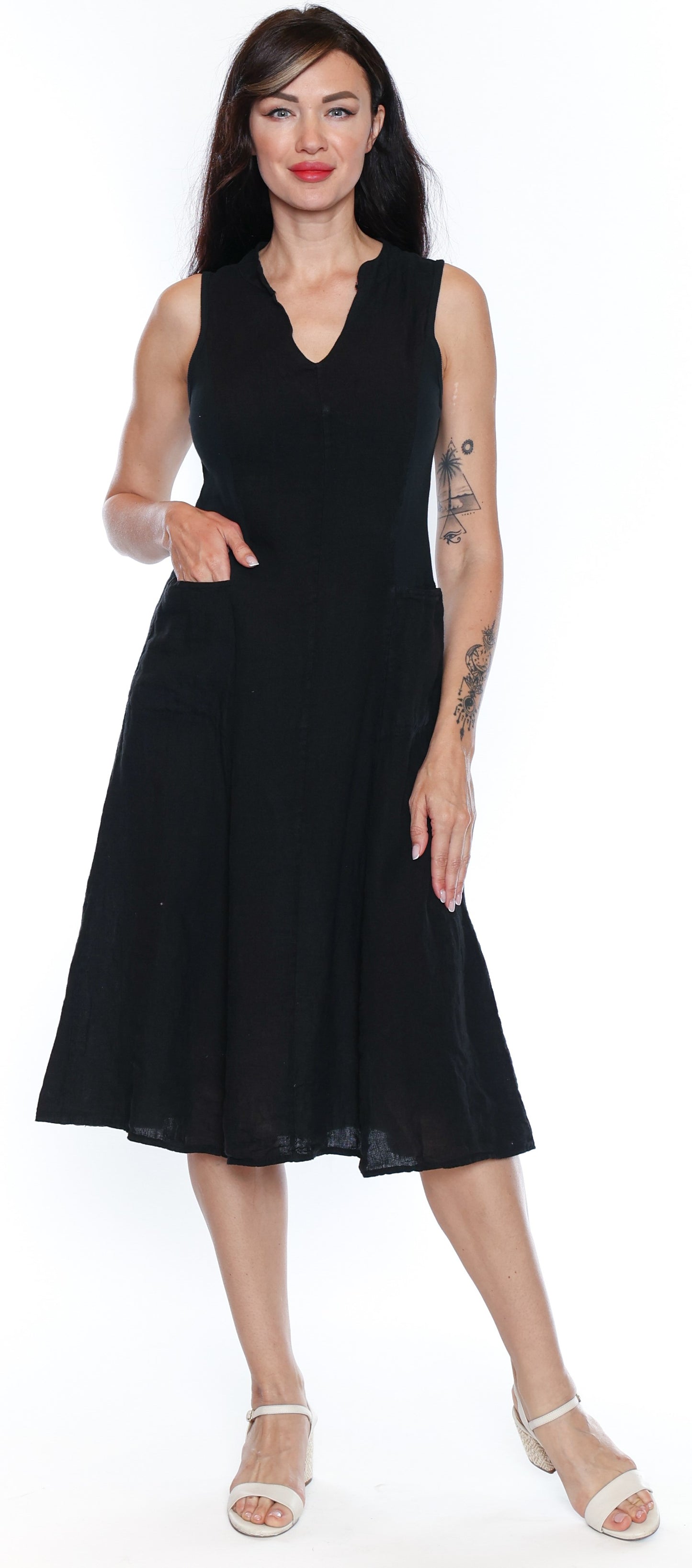 Sorella Linen Dress W/Ribbing And Pockets-Black L5854 - The Coach Pyramids