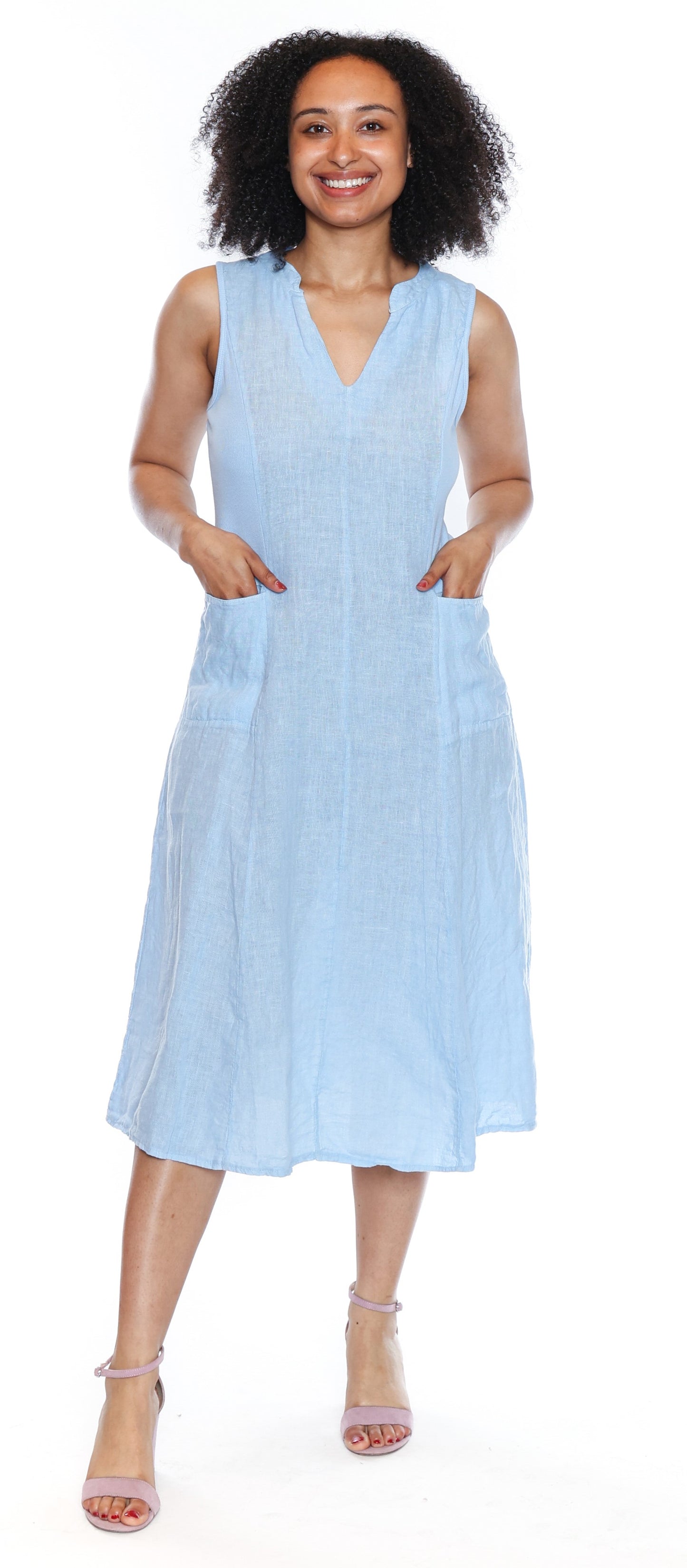 Sorella Linen Dress W/Ribbing & Pockets-L Blue L5854 - The Coach Pyramids