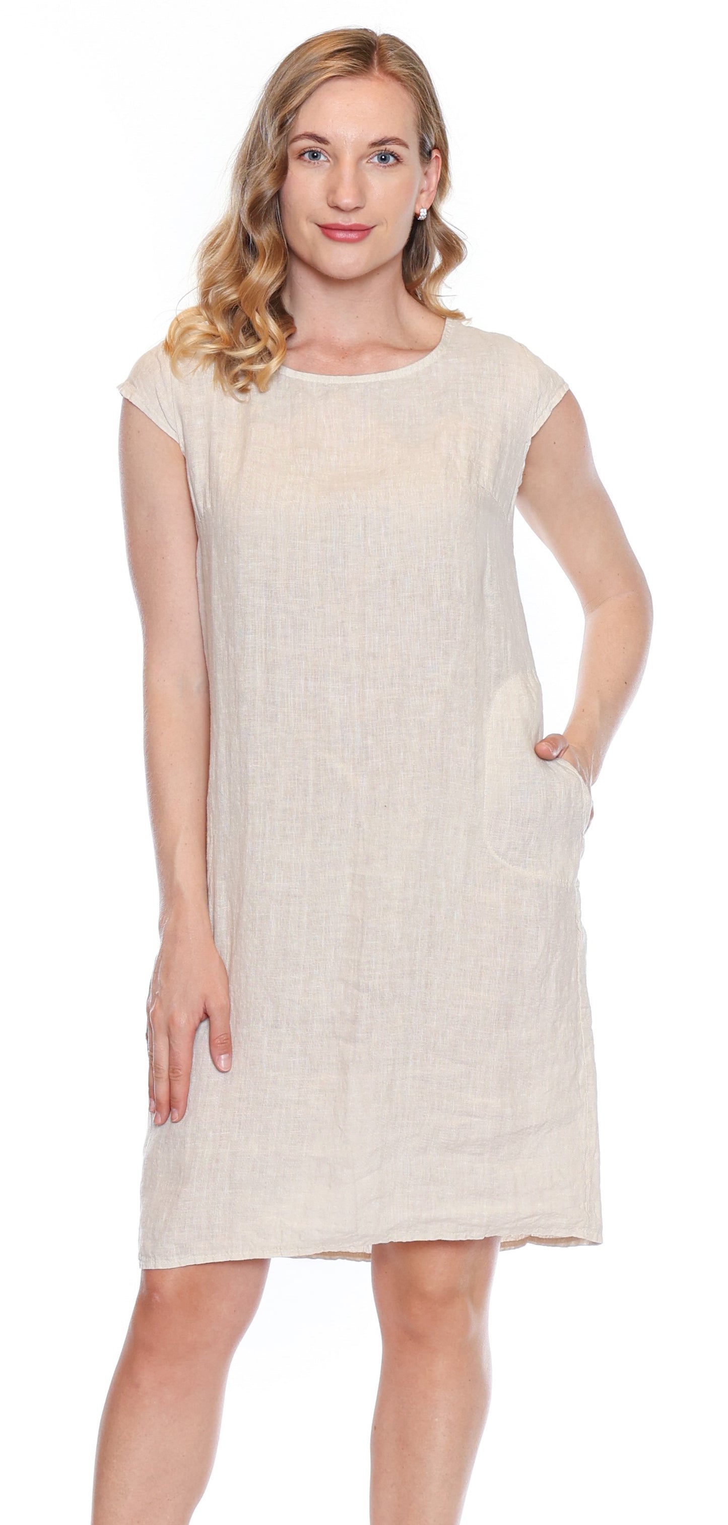 Sorella Linen Cap Sleeve Dress W/Ribbing And Pockets-Beige L5858 - The Coach Pyramids