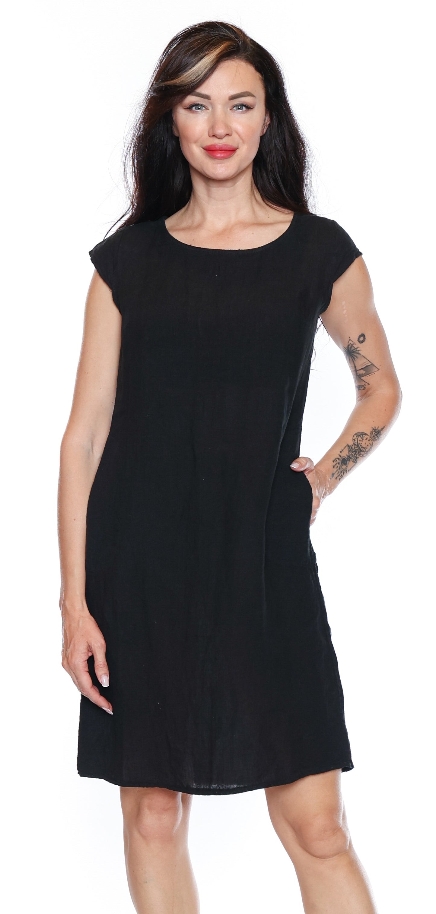 Sorella Linen Cap Sleeve Dress W/Ribbing And Pockets-Black L5858 - The Coach Pyramids