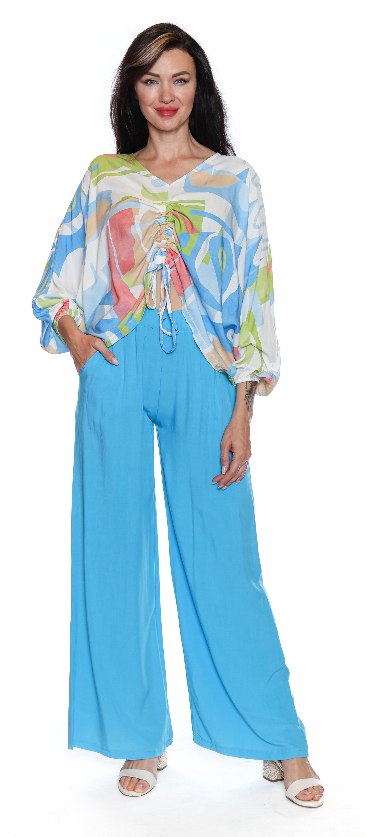 Sorella Floral Top And Solid Pant Set-Turquoise L5861 - The Coach Pyramids