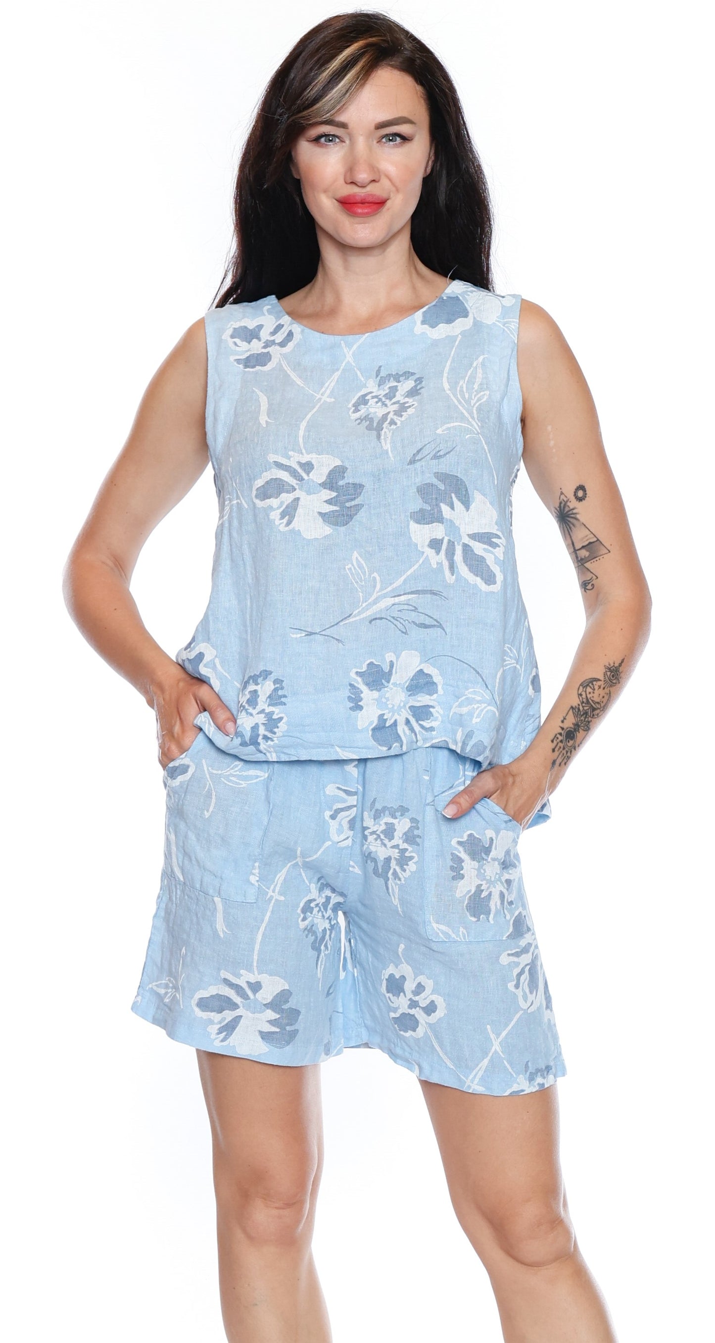 Sorella Linen Floral Tank And Short Set-L Blue L5870 - The Coach Pyramids